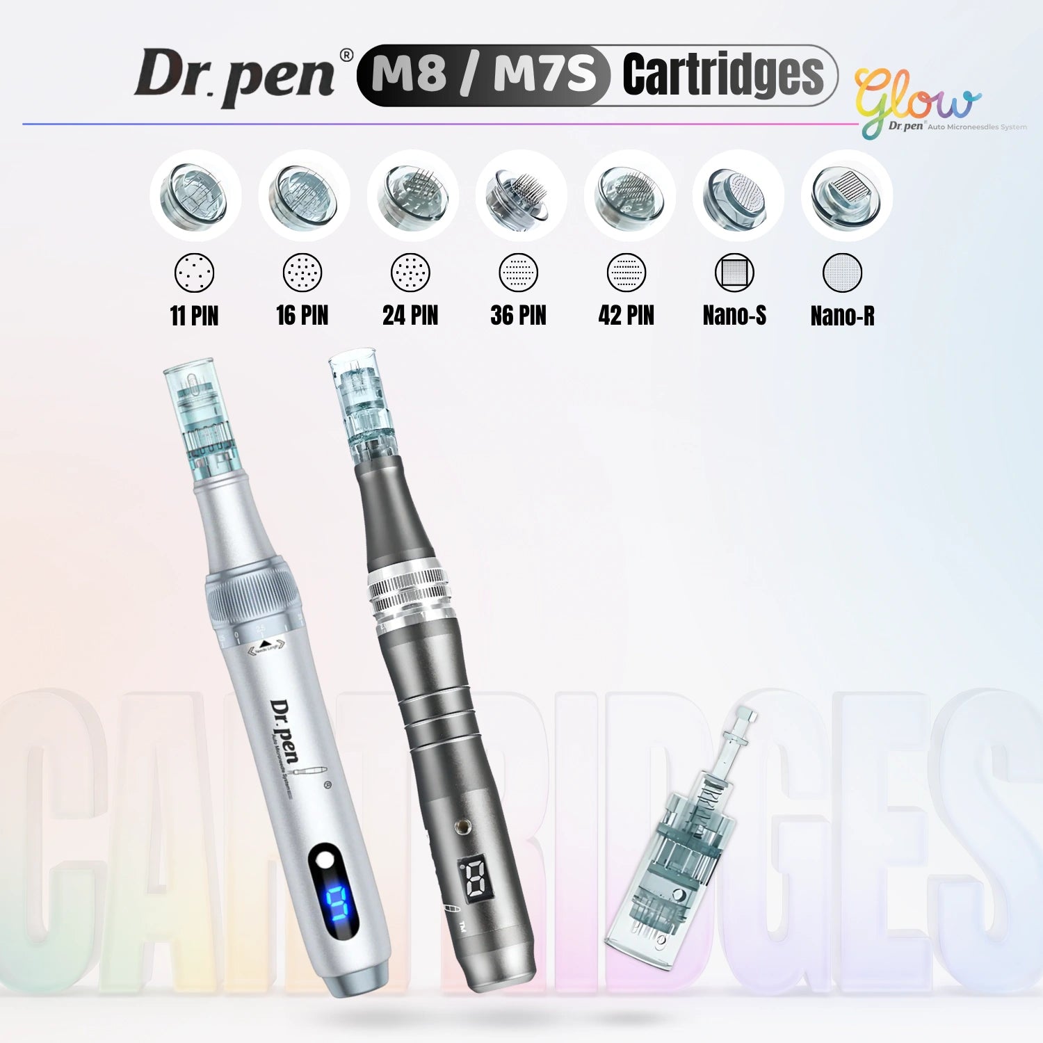 Dr. Pen Glow M8 and M7S replacement cartridges full range showing 11 pin, 16 pin, 24 pin, 36 pin, 42 pin, Nano-S and Nano-R options