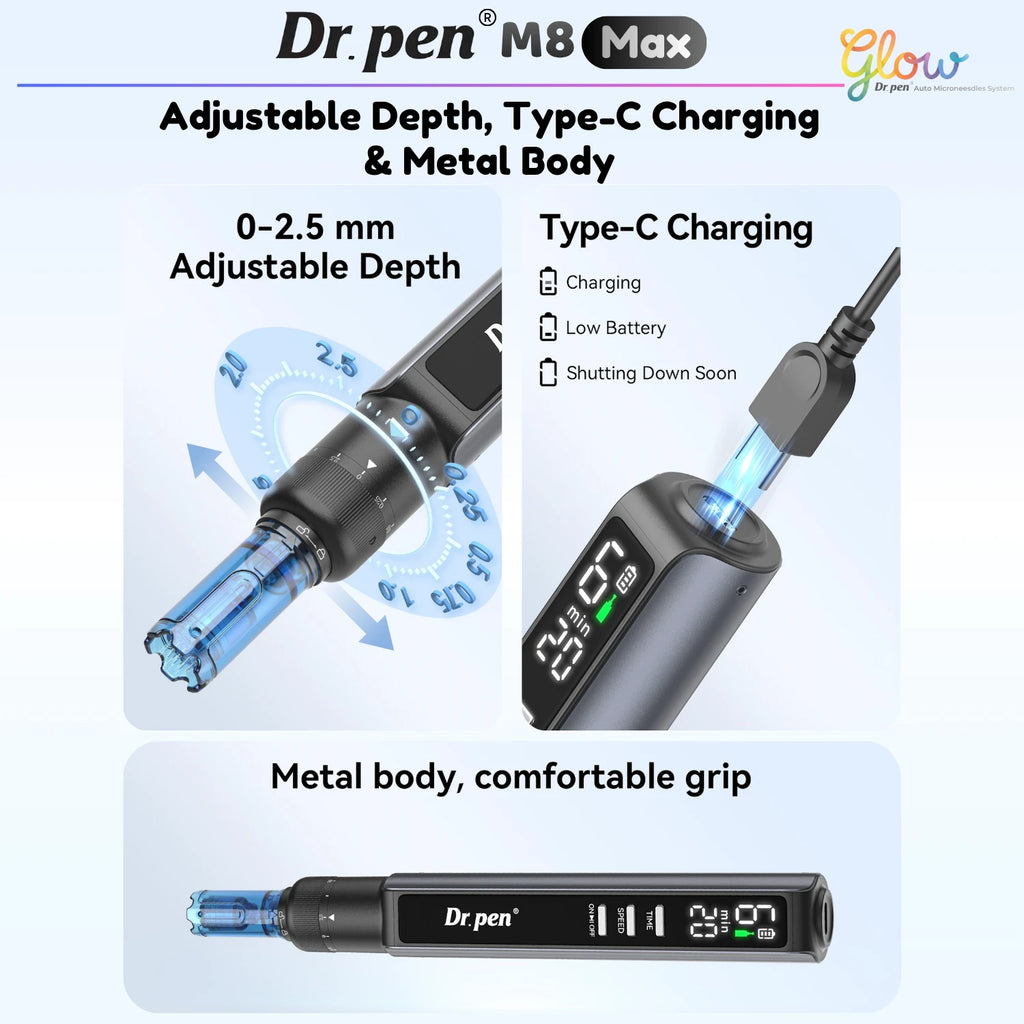 Dr. Pen M8 Max features including 0 to 2.5 mm adjustable depth, USB-C charging and metal body