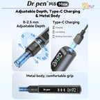 Dr. Pen M8 Max features including 0 to 2.5 mm adjustable depth, USB-C charging and metal body