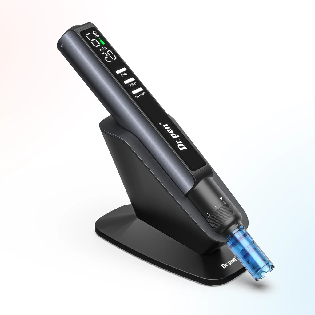 Dr. Pen M8 Max smart microneedling pen resting on its desktop charging and storage stand