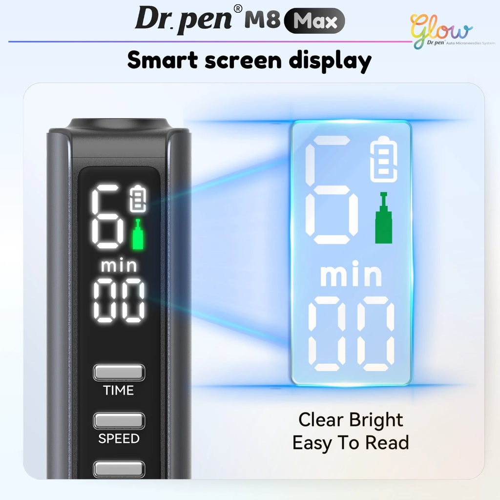Dr. Pen M8 Max clear digital screen showing speed level, battery status and treatment timer