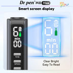 Dr. Pen M8 Max clear digital screen showing speed level, battery status and treatment timer