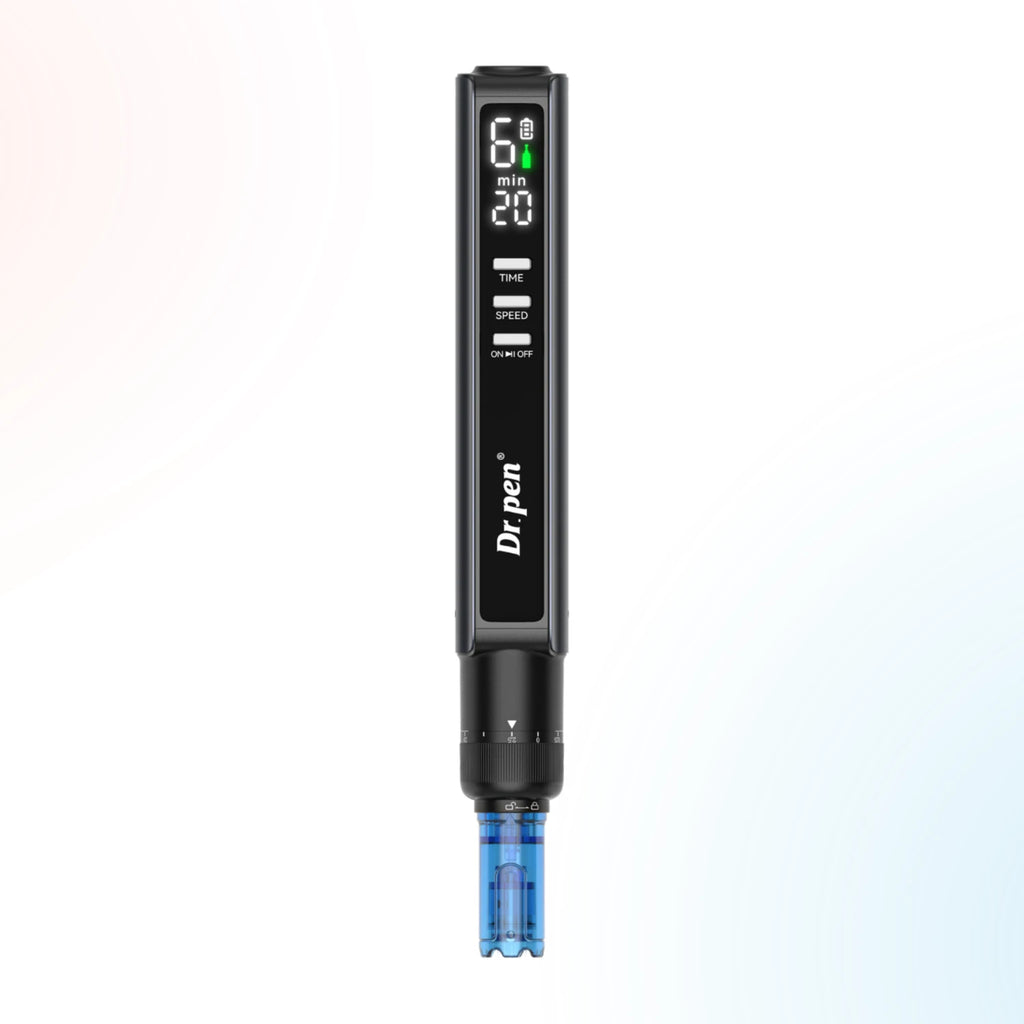 Front view of Dr. Pen M8 Max microneedling pen with digital speed, timer and battery display