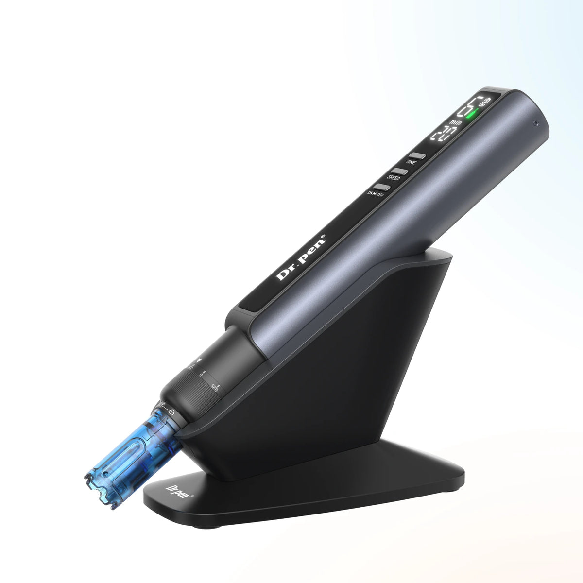 Side view of Dr. Pen M8 Max microneedling pen with cartridge and ergonomic stand
