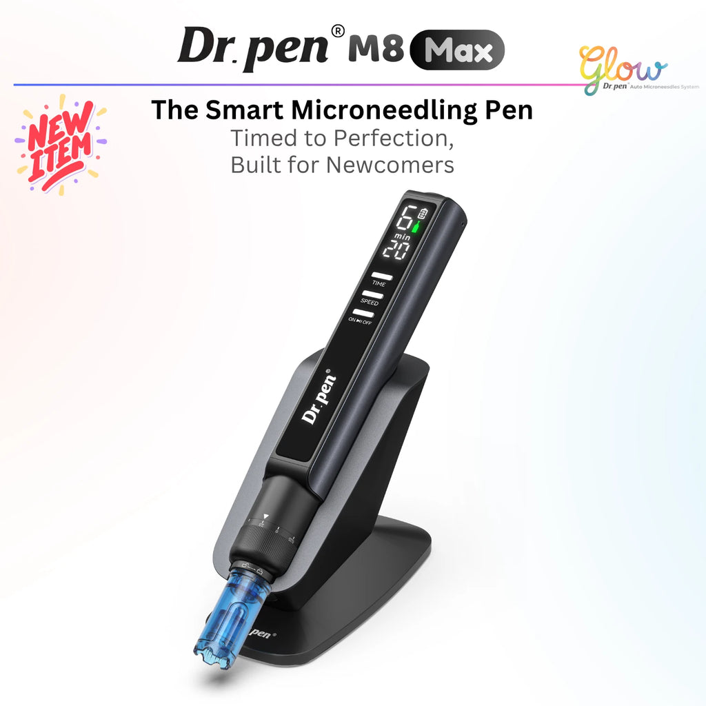 Dr. Pen M8 Max smart microneedling pen with digital timer display and charging stand