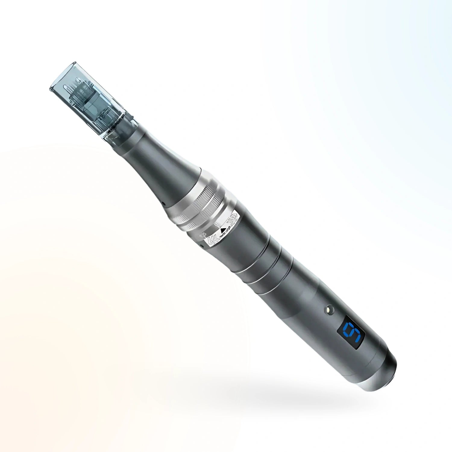 Angled view of Dr. Pen M8 wireless microneedling pen showing adjustable depth ring and digital display