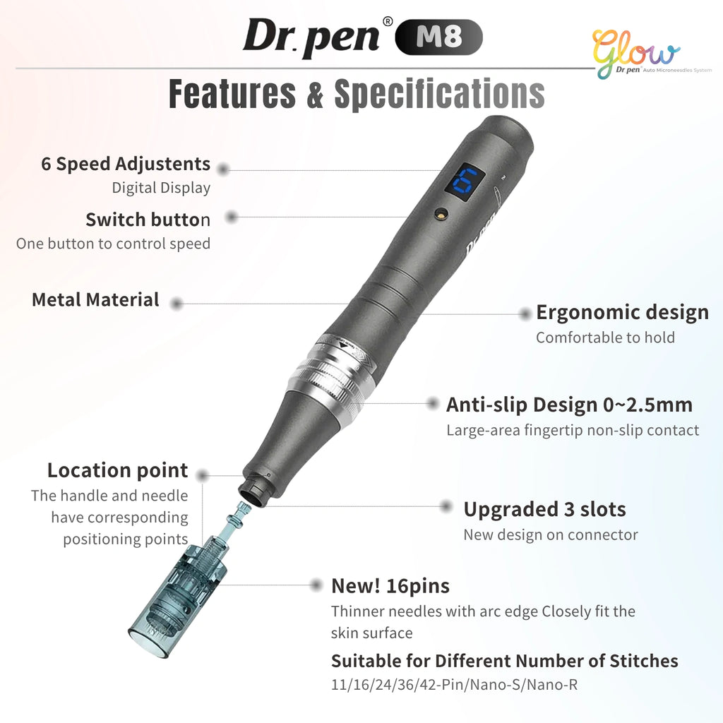 Dr. Pen M8 wireless microneedling pen features including 6 speed settings ergonomic metal body and adjustable needle depth