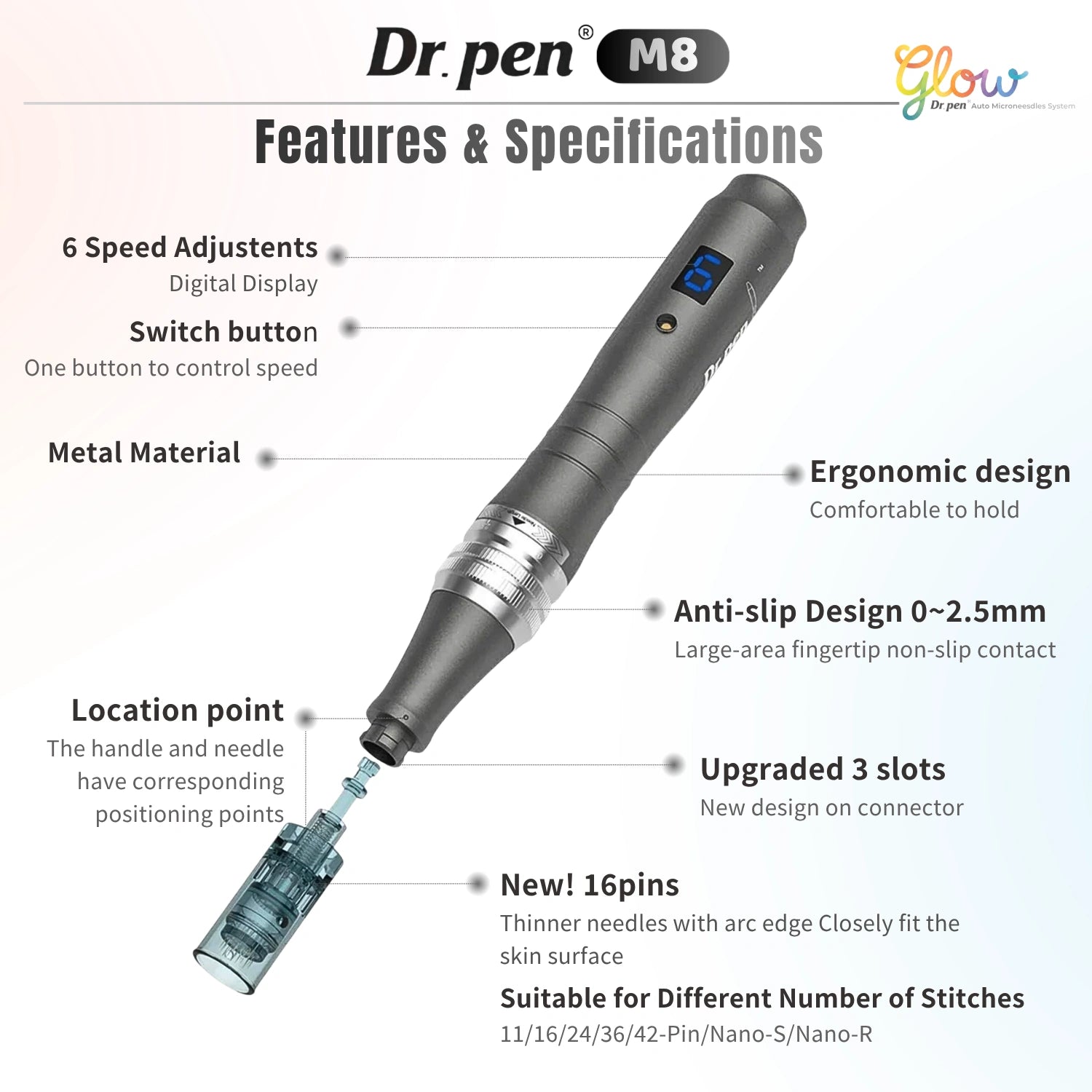 Dr. Pen M8 wireless microneedling pen features including 6 speed settings ergonomic metal body and adjustable needle depth