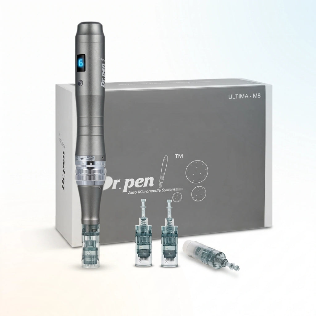 Dr. Pen M8 wireless microneedling pen with packaging box and multiple needle cartridges included in kit