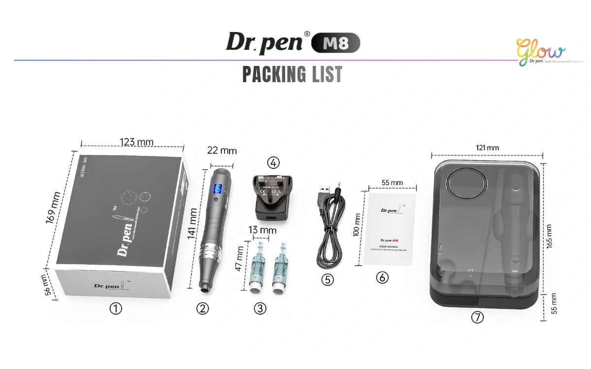 Dr. Pen M8 packing list showing microneedling pen, cartridges, charger, USB cable, manual and storage case