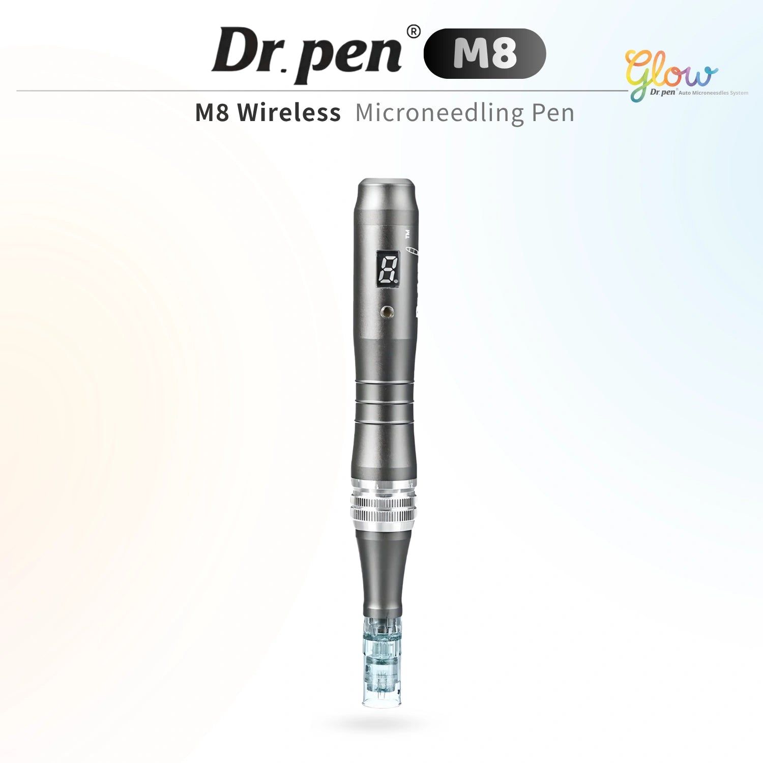 Dr. Pen M8 wireless microneedling pen in gray with digital display and attached needle cartridge