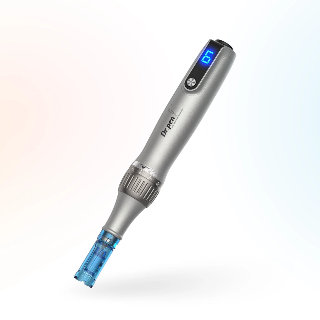 Angled product view of Dr. Pen M8S wireless microneedling pen with LED speed display and cartridge tip