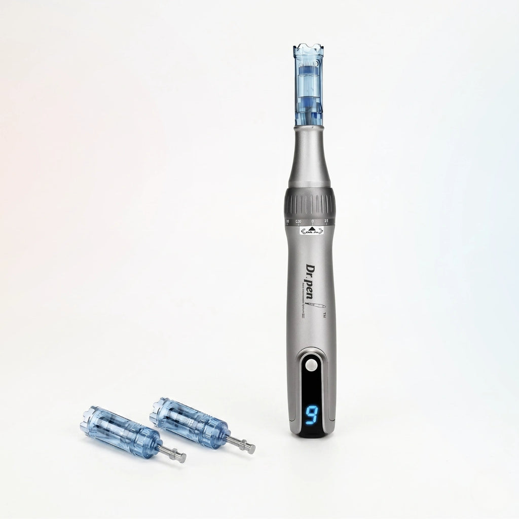 Dr. Pen M8S wireless microneedling pen with multiple blue needle cartridges for skincare routines