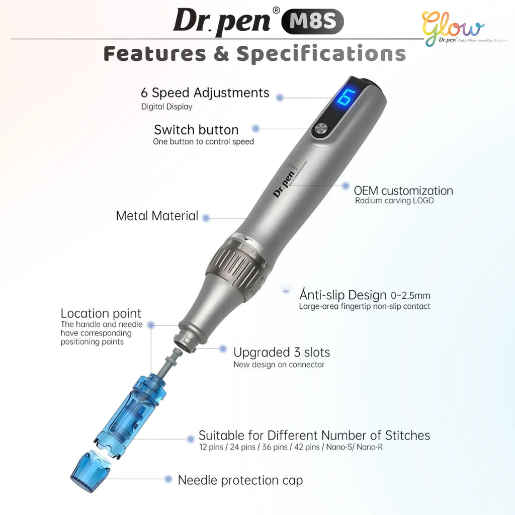 Dr. Pen M8S wireless microneedling pen features including 6 speed settings metal body and adjustable needle depth