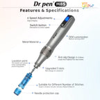 Dr. Pen M8S wireless microneedling pen features including 6 speed settings metal body and adjustable needle depth