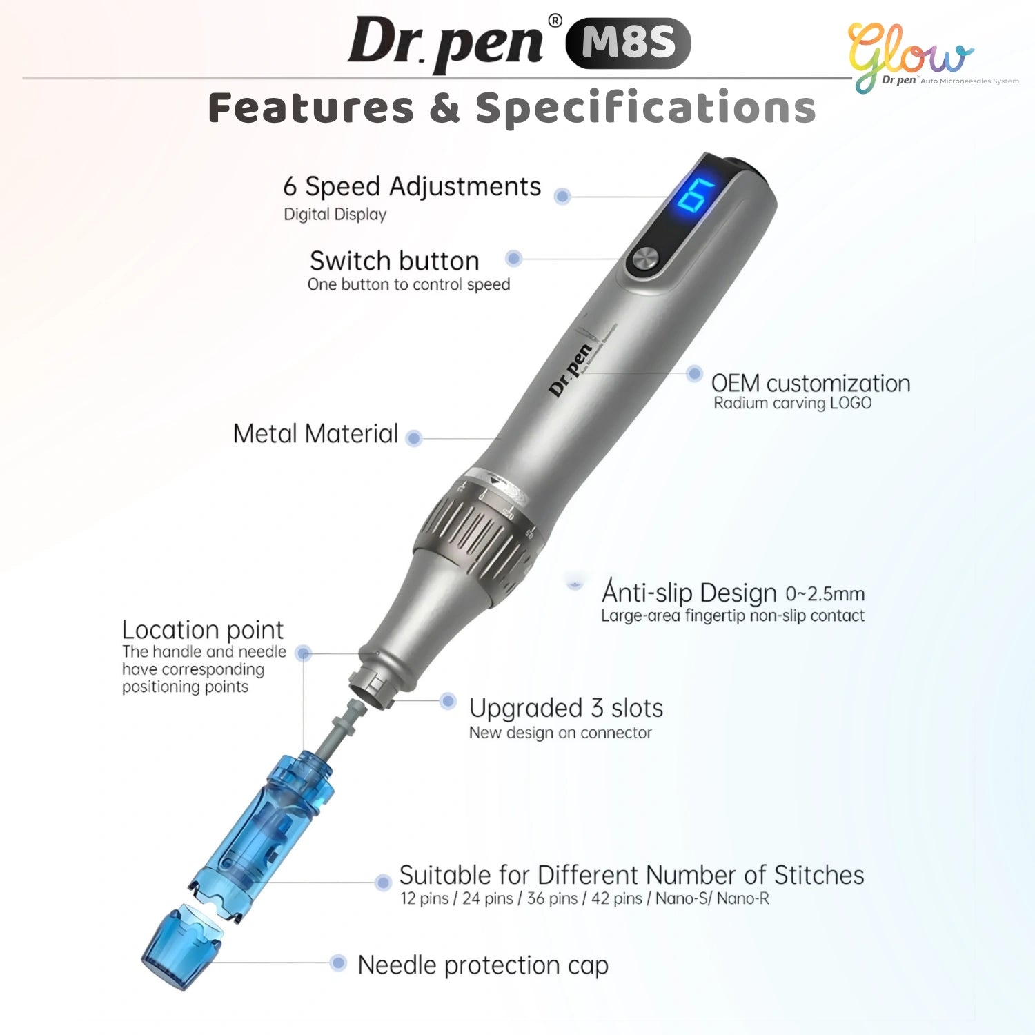 Dr. Pen M8S wireless microneedling pen features including 6 speed settings metal body and adjustable needle depth
