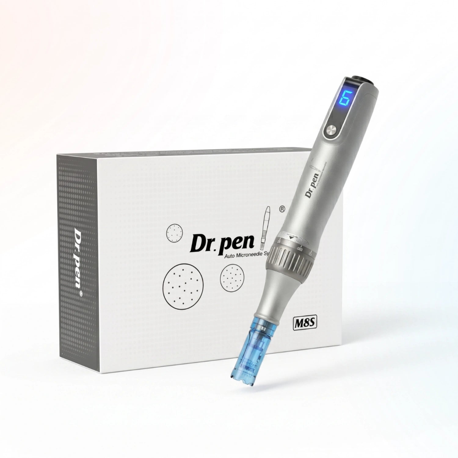 Dr. Pen M8S wireless microneedling pen with retail packaging box and attached cartridge