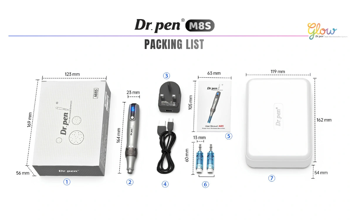 Dr. Pen M8S packing list showing microneedling pen, cartridges, charger, USB cable, user manual and storage case