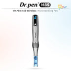 Dr. Pen M8S wireless microneedling pen in silver with digital display and blue needle cartridge