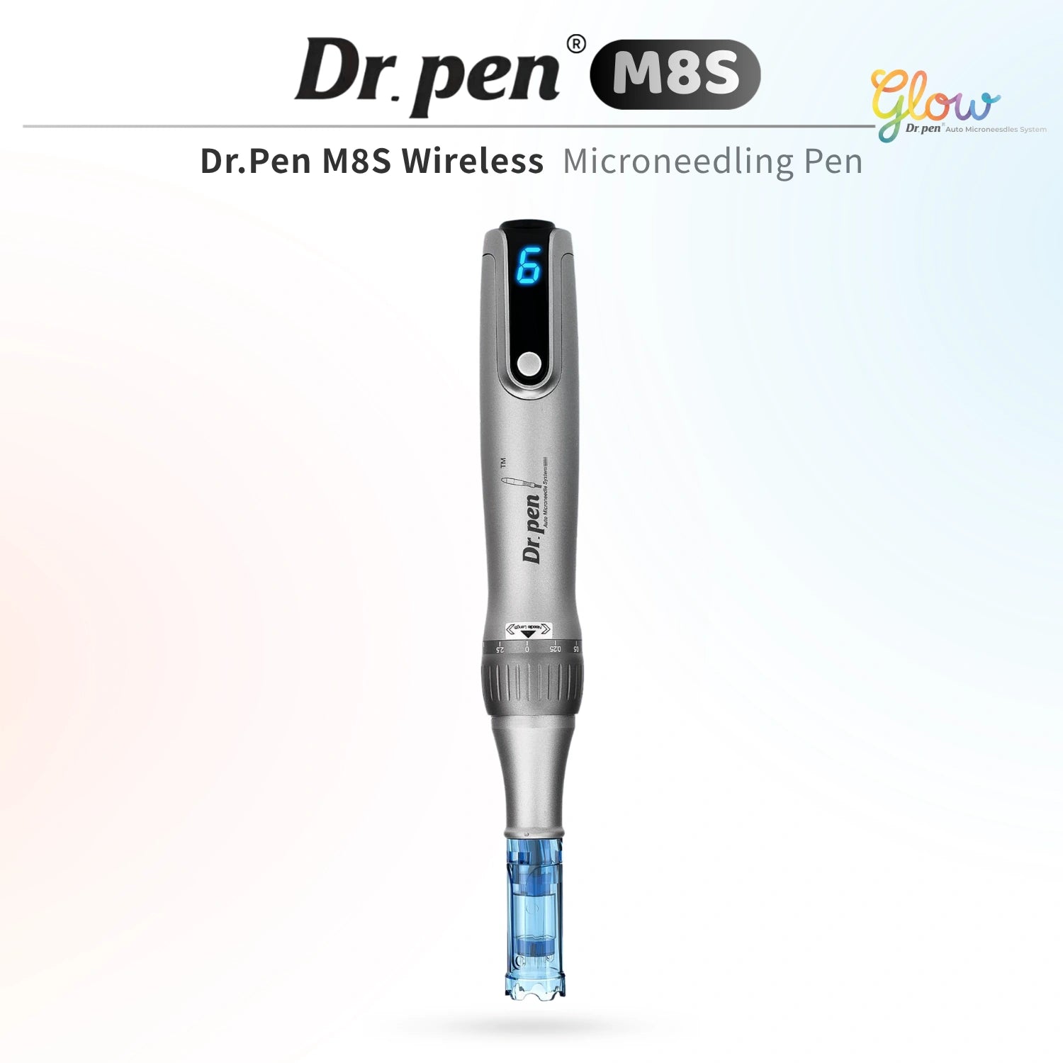 Dr. Pen M8S wireless microneedling pen in silver with digital display and blue needle cartridge