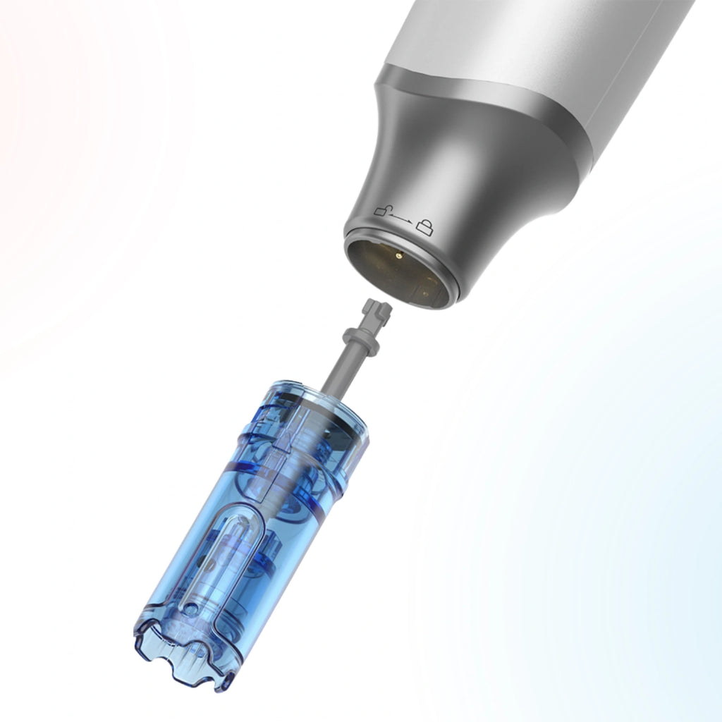 Close-up of Dr. Pen M9 replacement cartridge connector aligning with the device head