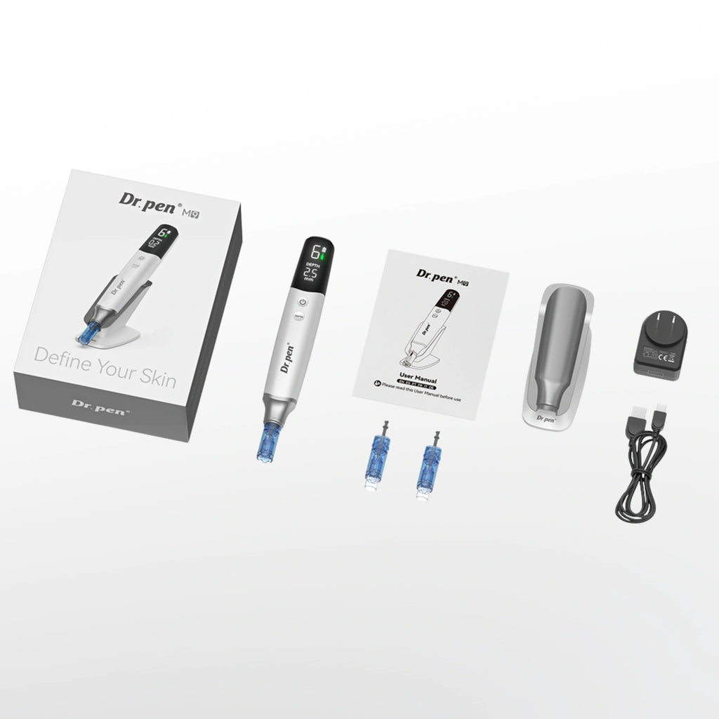 Dr. Pen M9 full kit including pen cartridges charger cable manual and stand layout