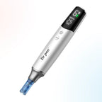 Close-up of Dr. Pen M9 microneedling pen showing LED display with depth 2.5mm and speed level