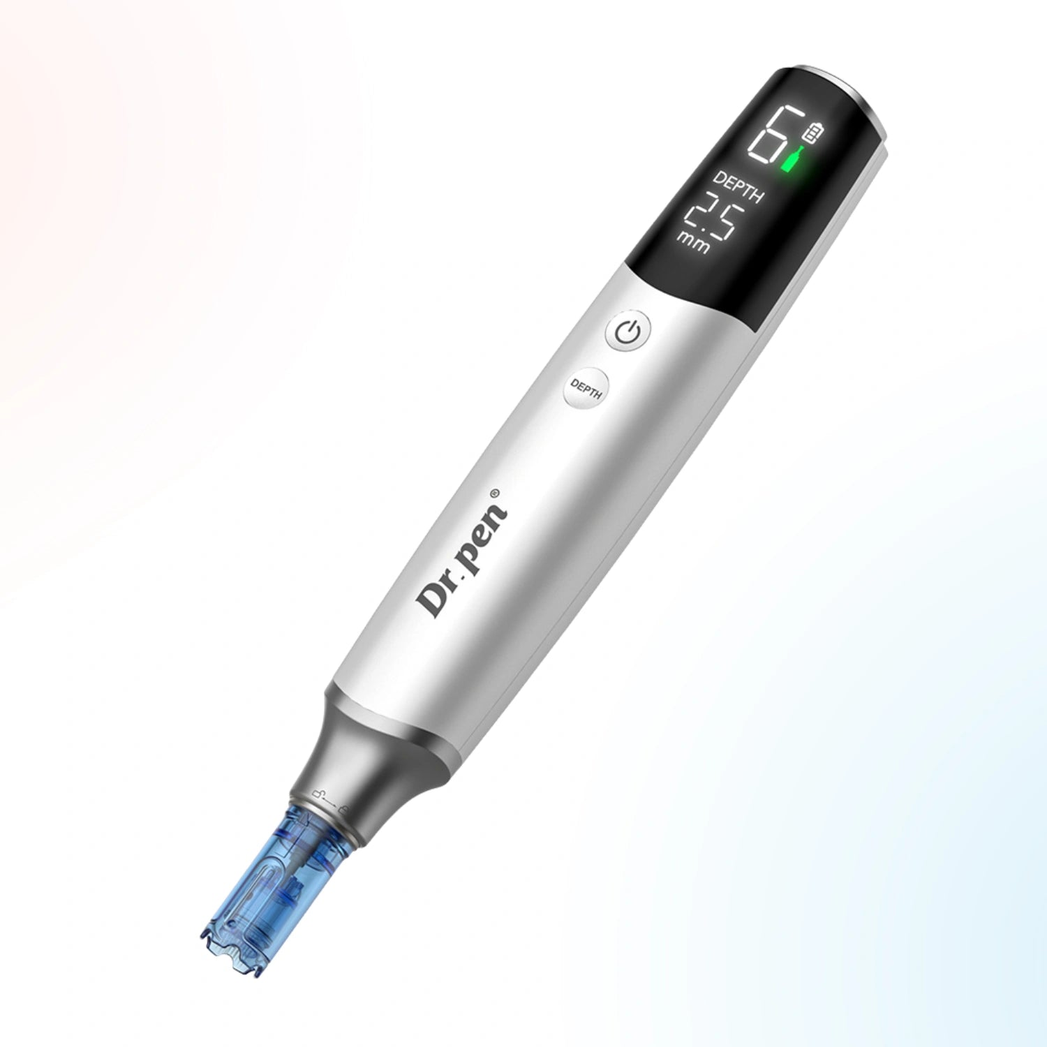 Close-up of Dr. Pen M9 microneedling pen showing LED display with depth 2.5mm and speed level