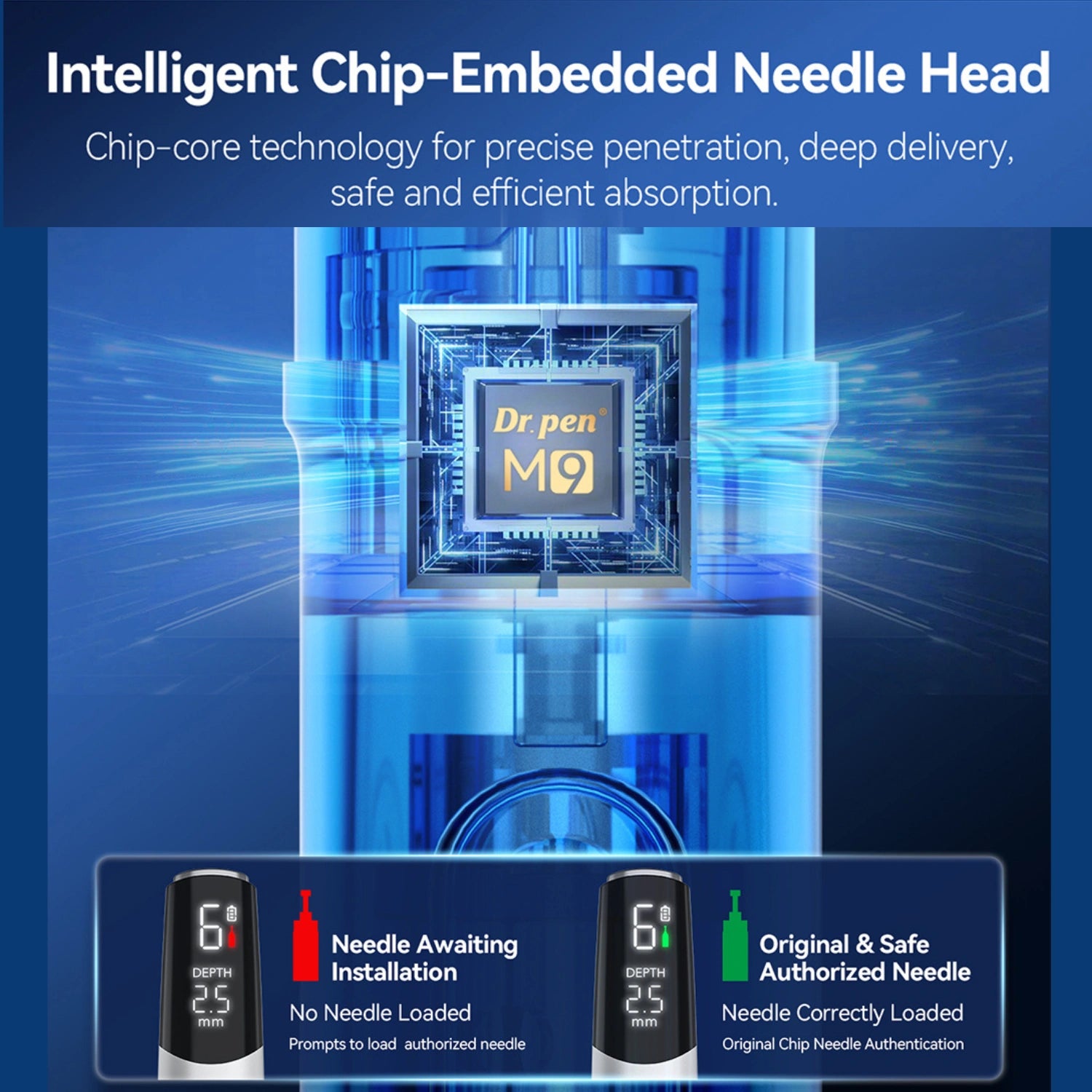 Dr. Pen M9 intelligent chip embedded needle head showing authorized cartridge authentication indicator