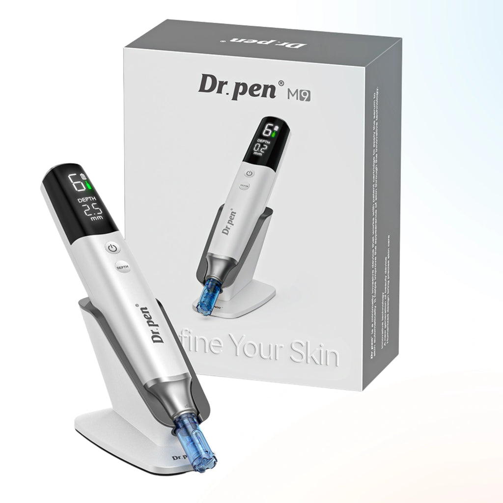 Dr. Pen M9 microneedling pen with packaging box and included accessories display