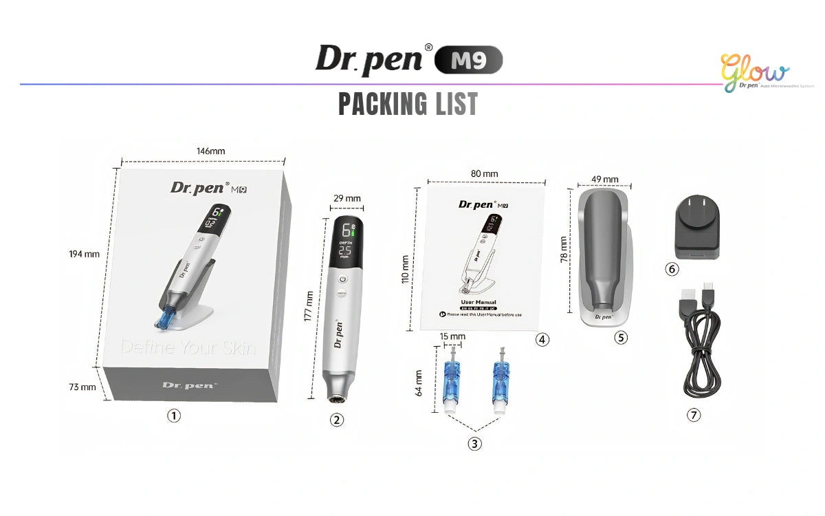 Dr. Pen M9 packing list showing microneedling pen, cartridges, user manual, charging stand, adapter and USB cable