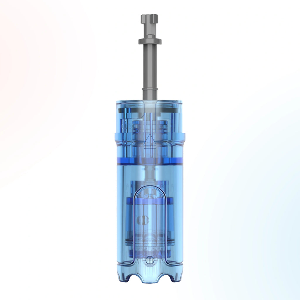 Front view of blue transparent Dr. Pen M9 replacement cartridge showing connector stem and needle chamber