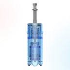 Front view of blue transparent Dr. Pen M9 replacement cartridge showing connector stem and needle chamber