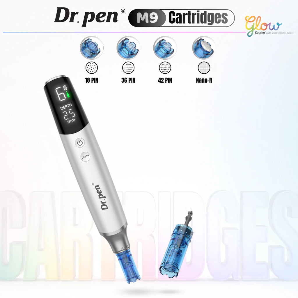 Dr. Pen M9 replacement cartridges overview showing 18 pin, 36 pin, 42 pin and Nano-R needle head options