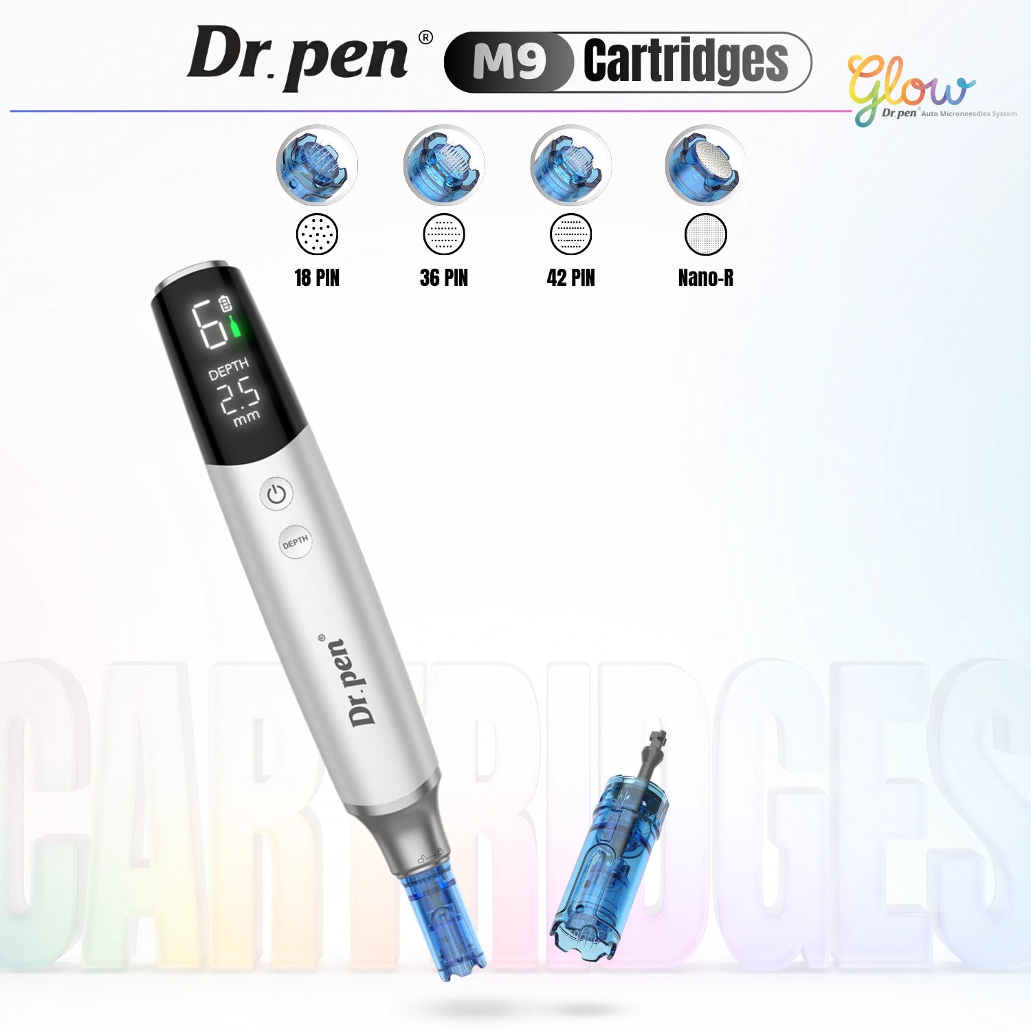 Dr. Pen M9 replacement cartridges overview showing 18 pin, 36 pin, 42 pin and Nano-R needle head options