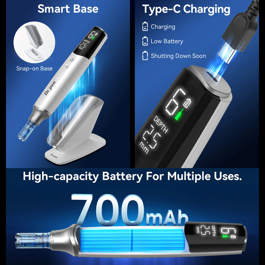 Dr. Pen M9 smart base snap on design and 700mAh high capacity battery visualization