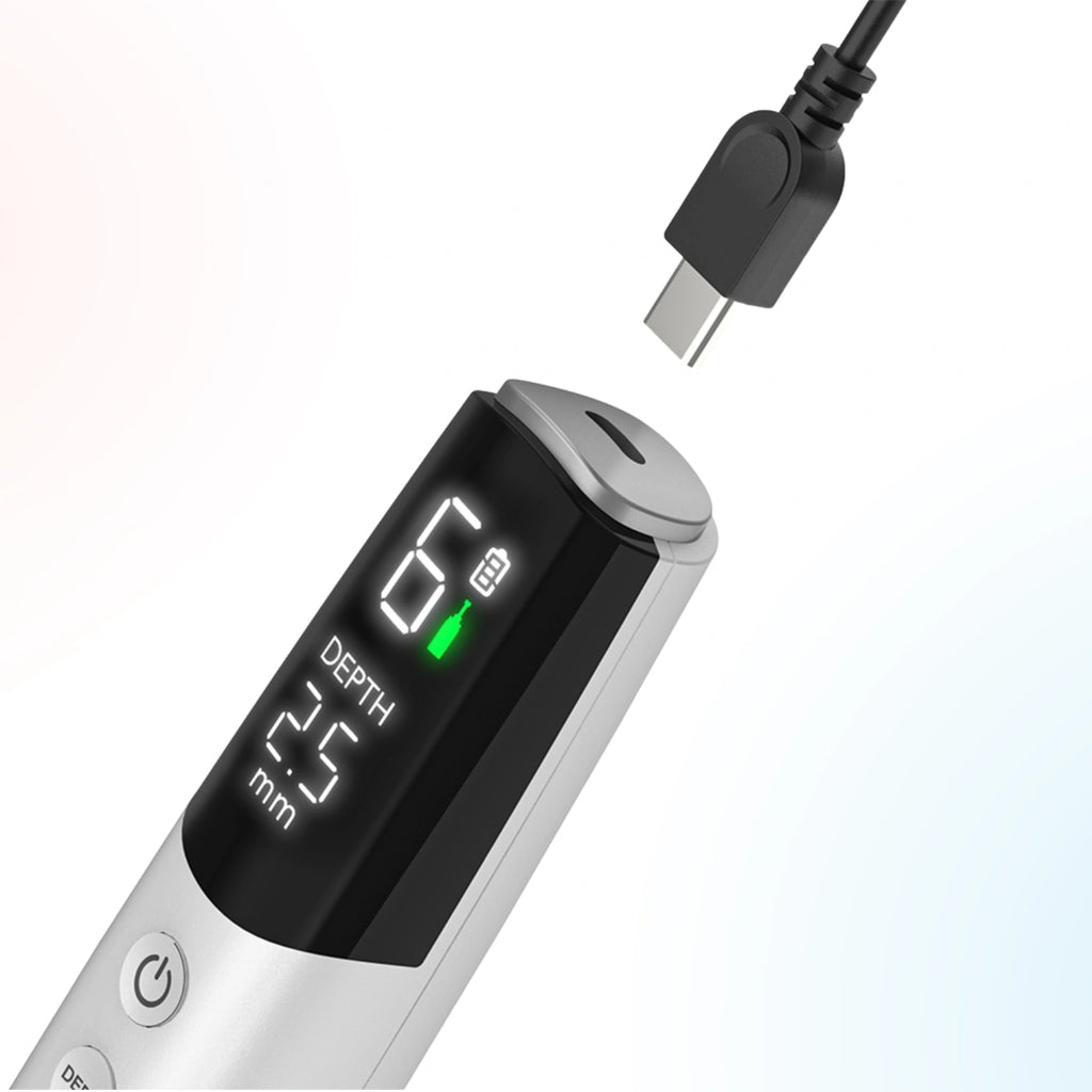 Dr. Pen M9 Type-C charging port with battery indicator and LED display close up