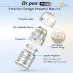 Exploded view of the Dr. Pen MIS20 20-needle micro-infusion stamp, protective cap, connector and 5 mL serum ampoule.