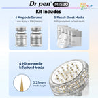 Dr. Pen MIS20 kit with 2 anti-aging and 2 brightening 5 mL serums, five masks and four 0.25 mm micro-infusion stamp heads.
