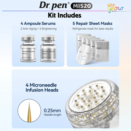 Dr. Pen MIS20 kit with 2 anti-aging and 2 brightening 5 mL serums, five masks and four 0.25 mm micro-infusion stamp heads.