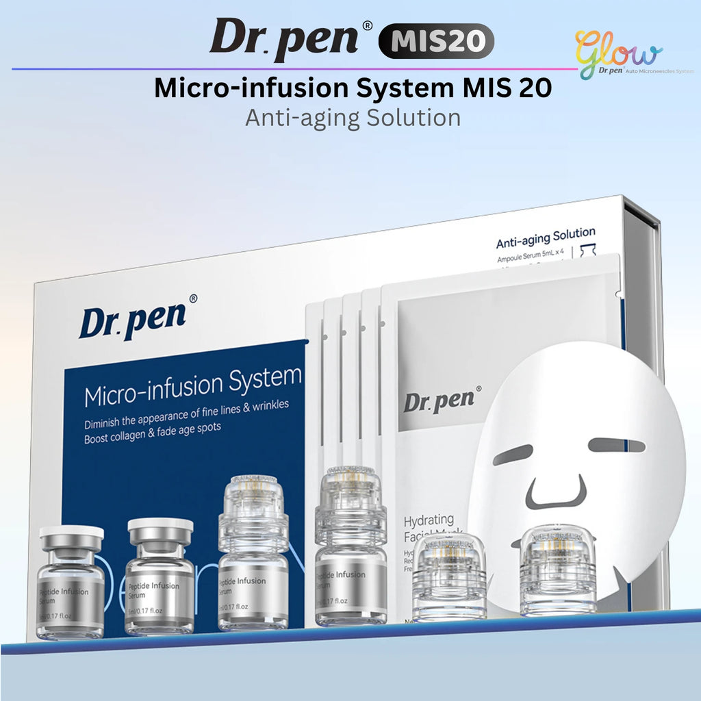 Dr. Pen MIS20 Micro-Infusion System with four serum ampoules, four micro-infusion stamps and hydrating facial sheet masks.