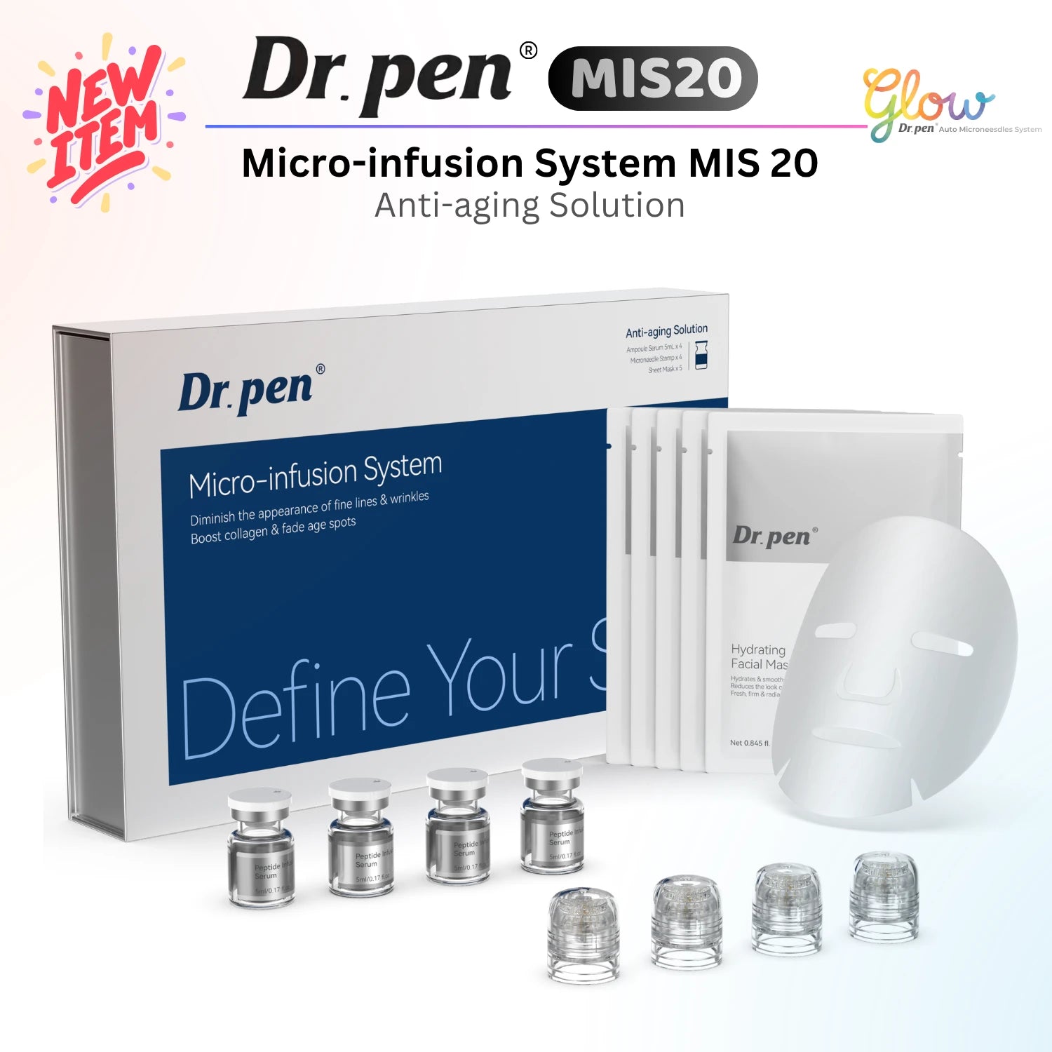 Dr. Pen MIS20 Micro-Infusion System complete kit with serum ampoules, single-use stamps and hydrating facial sheet masks.