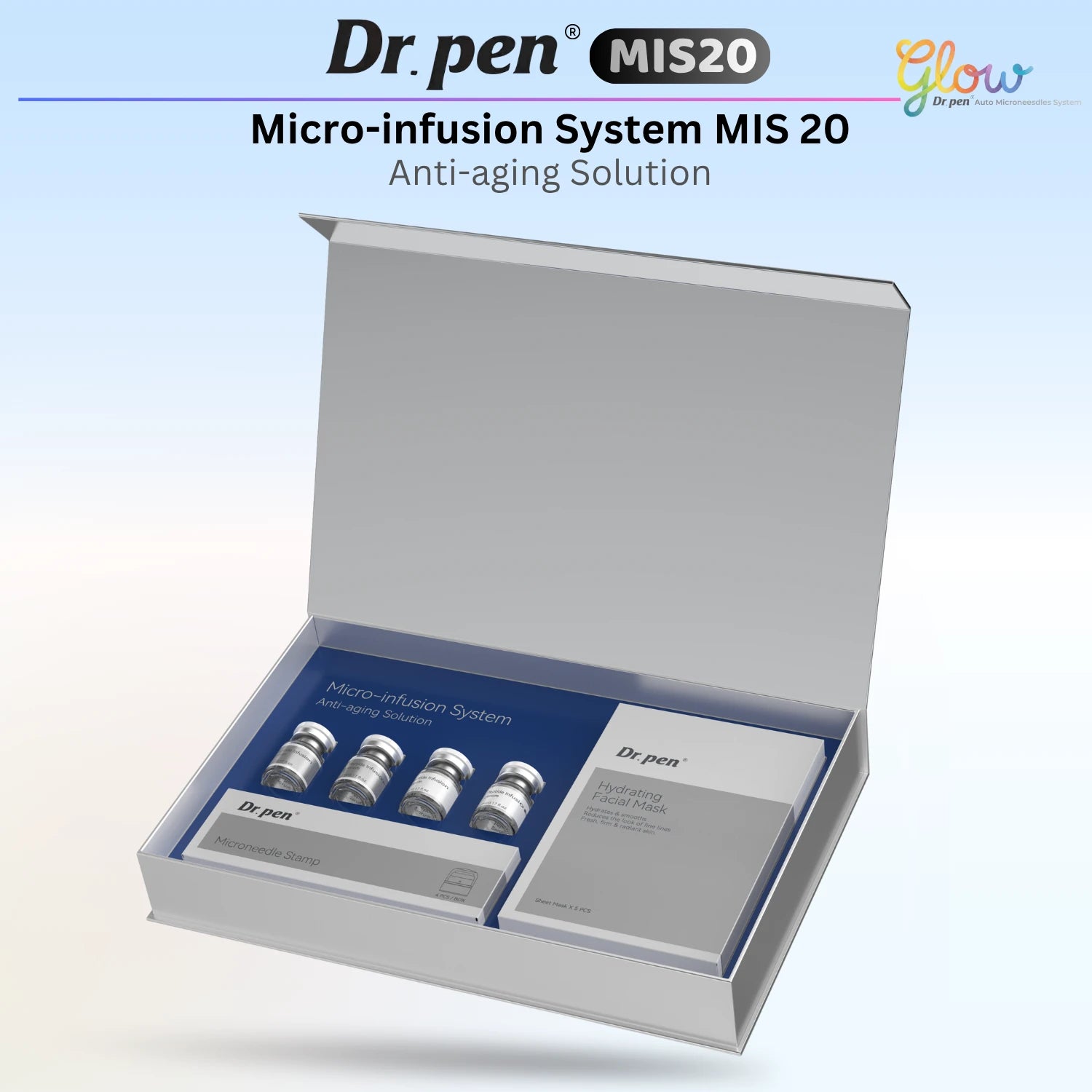 Open Dr. Pen MIS20 Micro-Infusion System box showing serum ampoules, micro-infusion stamps and hydrating facial masks.