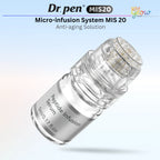 Close-up of the Dr. Pen MIS20 micro-infusion stamp attached directly to a 5 mL peptide infusion serum ampoule.