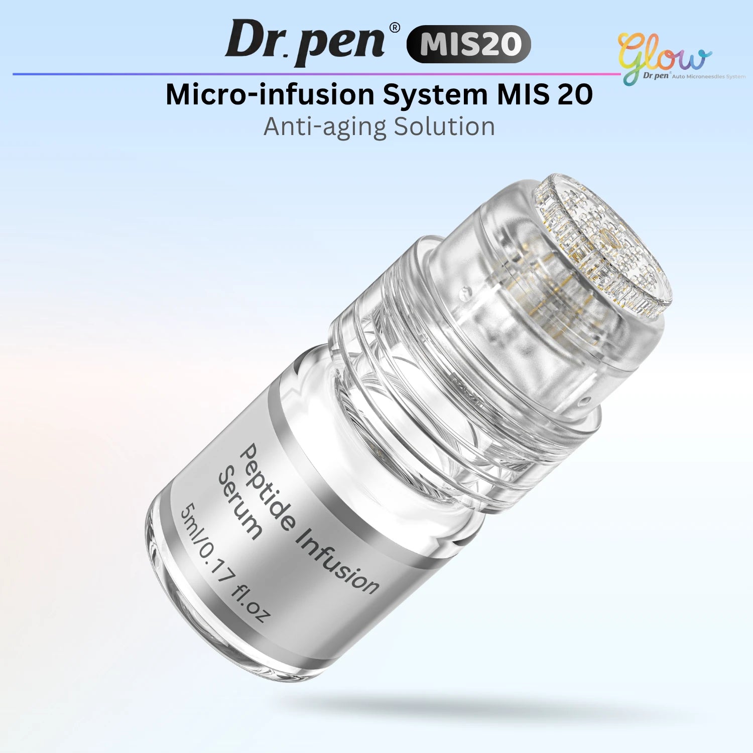 Close-up of the Dr. Pen MIS20 micro-infusion stamp attached directly to a 5 mL peptide infusion serum ampoule.