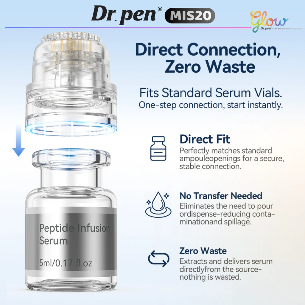 Close-up of the Dr. Pen MIS20 stamp connector attaching directly to the included 5 mL serum vial for simple setup.