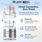 Close-up of the Dr. Pen MIS20 stamp connector attaching directly to the included 5 mL serum vial for simple setup.