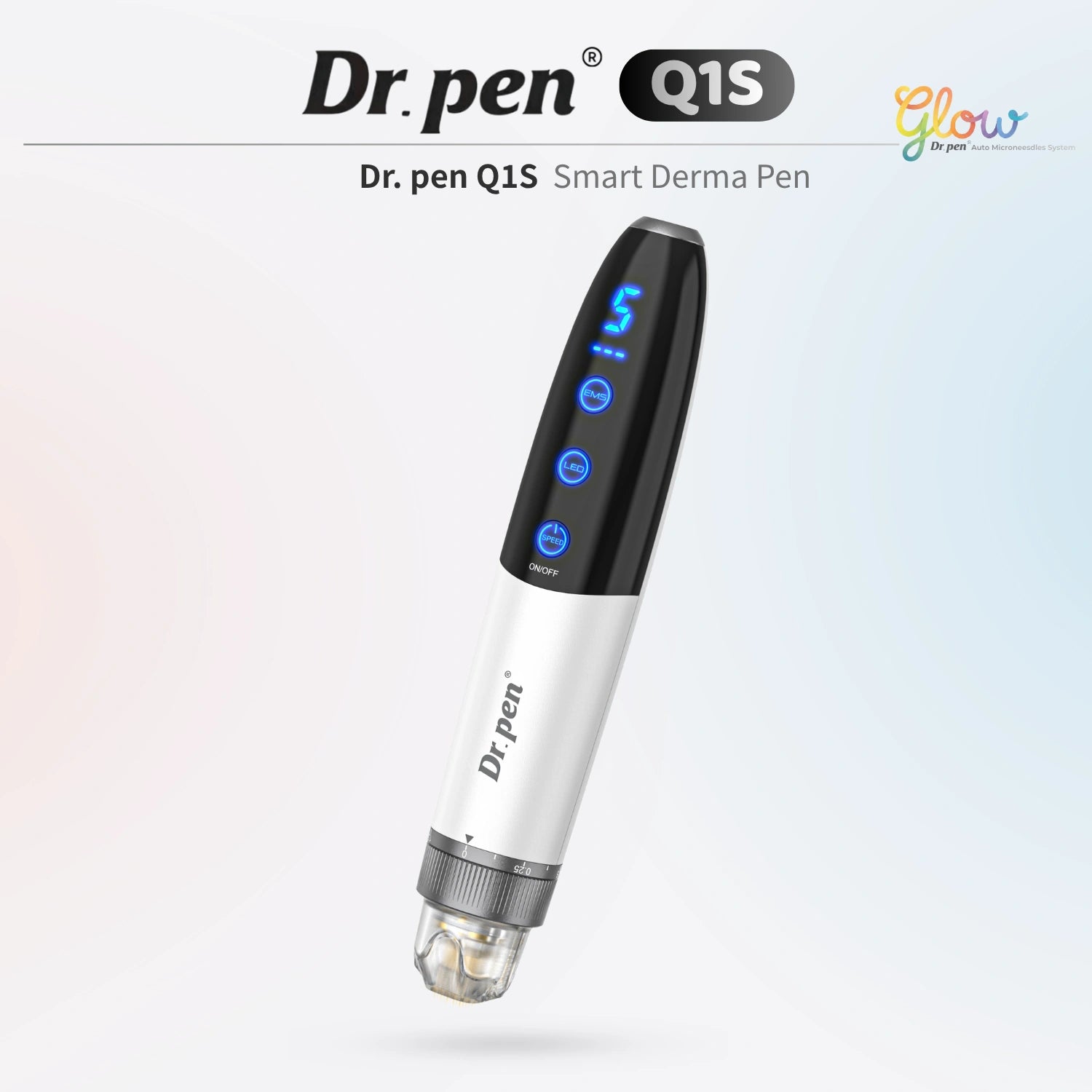 Dr. Pen Q1S Compact Microneedling Pen hero image showing the smart derma pen with LED display