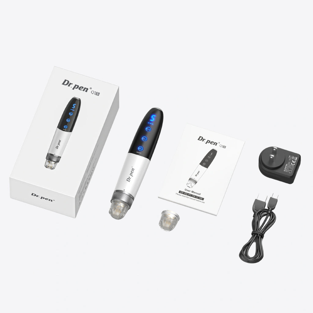 Complete Dr. Pen Q1S microneedling pen kit including device, cartridge, user manual, charger and accessories