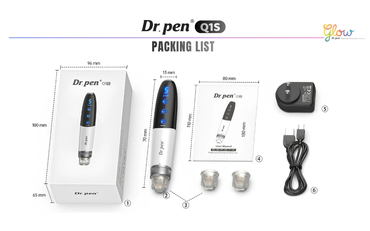 Dr. Pen Q1S packing list showing microneedling pen, nano cartridges, user manual, adapter and USB cable